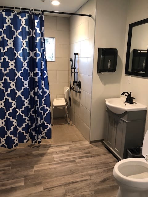 A modern bathroom with a blue patterned shower curtain and accessible features.