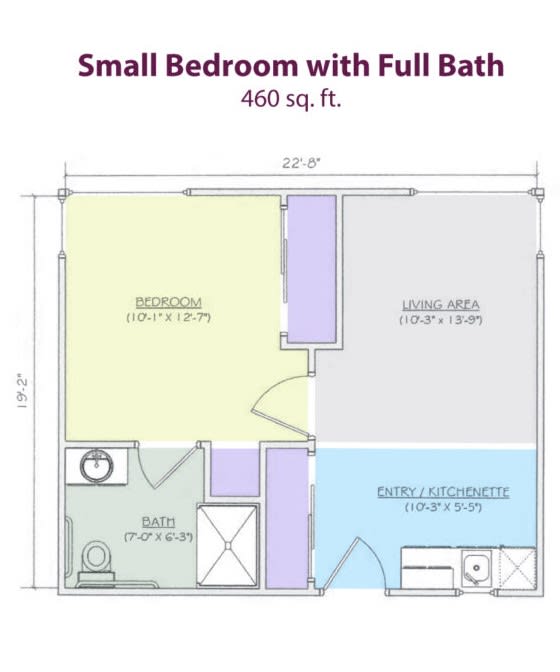 Layout of a small bedroom with full bath totaling 460 square feet.