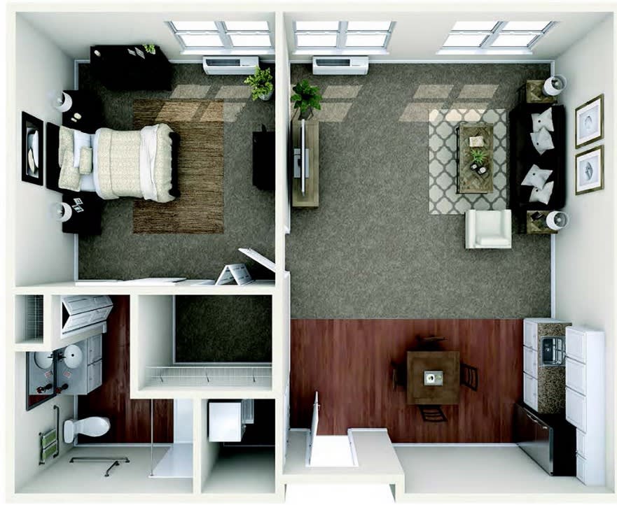 A modern apartment floor plan showcasing a living room, bedroom, kitchen, and bathroom.