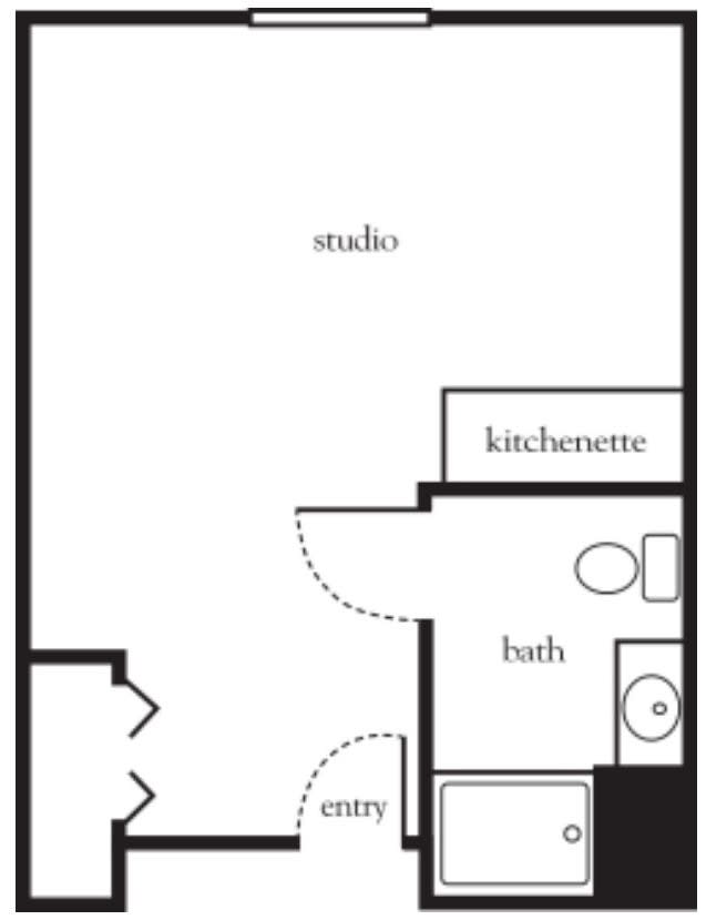 Studio apartment floor plan with kitchenette and bathroom.