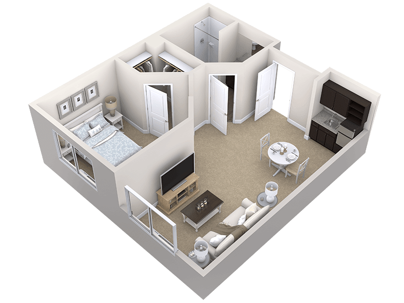 3D floor plan of a modern one-bedroom apartment with furniture layout.