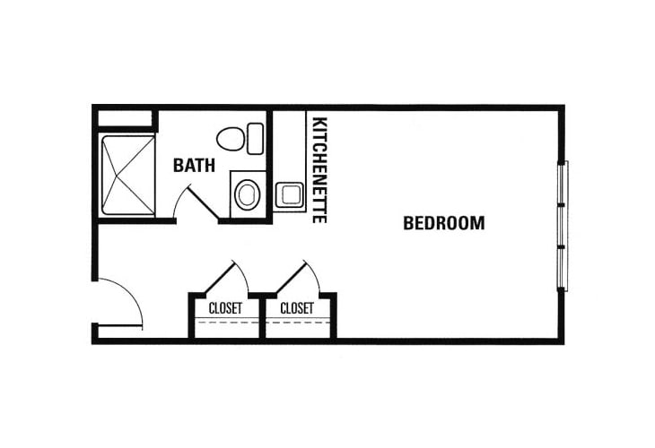 A simple floor plan of a compact studio apartment with a bathroom, kitchenette, and bedroom area.