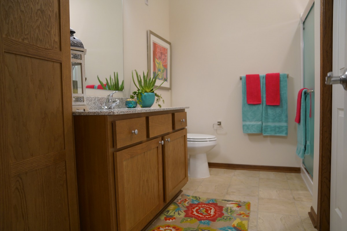A cozy and well-decorated bathroom with wooden cabinets, potted plants, colorful towels, and a decorative rug.
