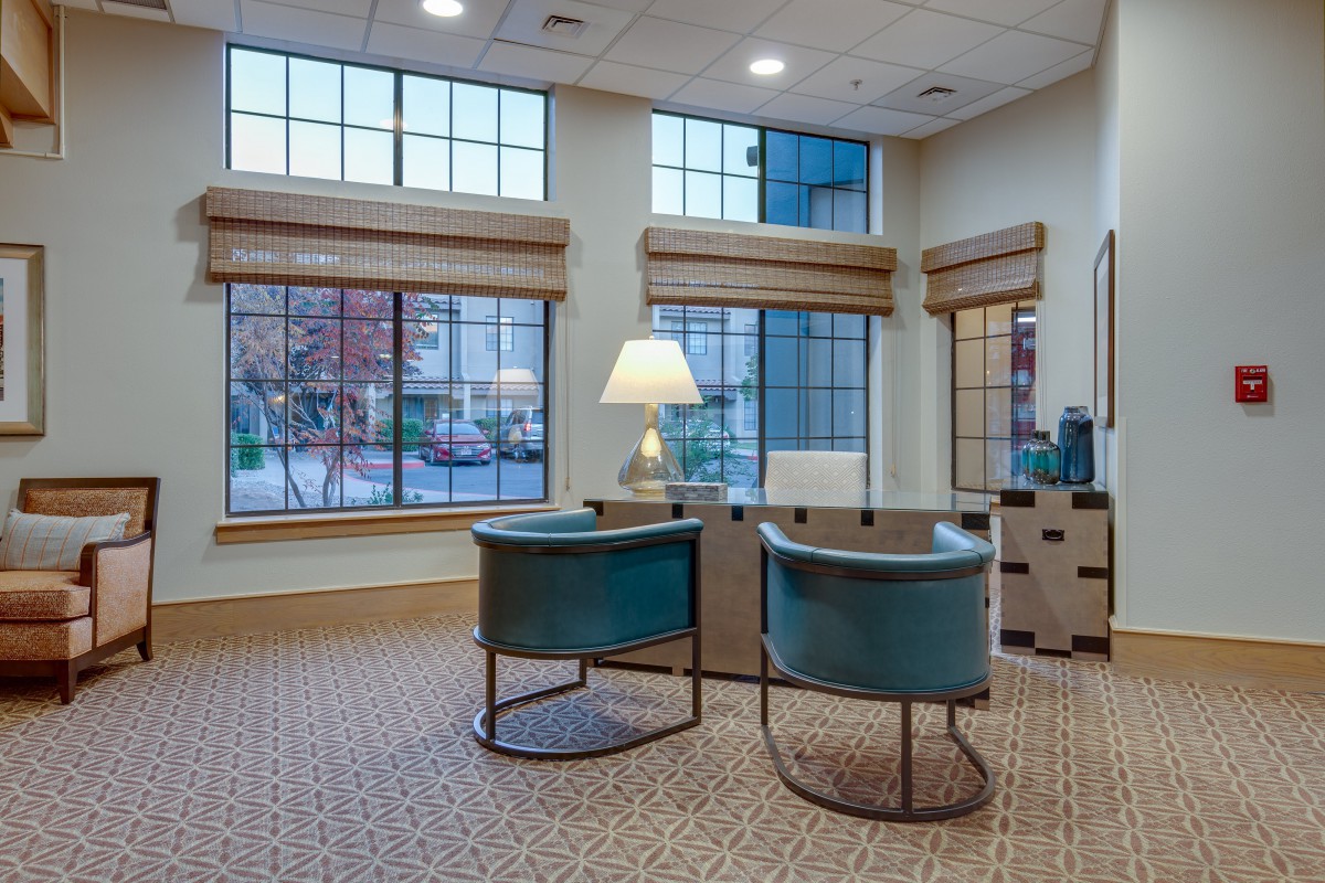 A cozy office waiting area with modern chairs and large windows.