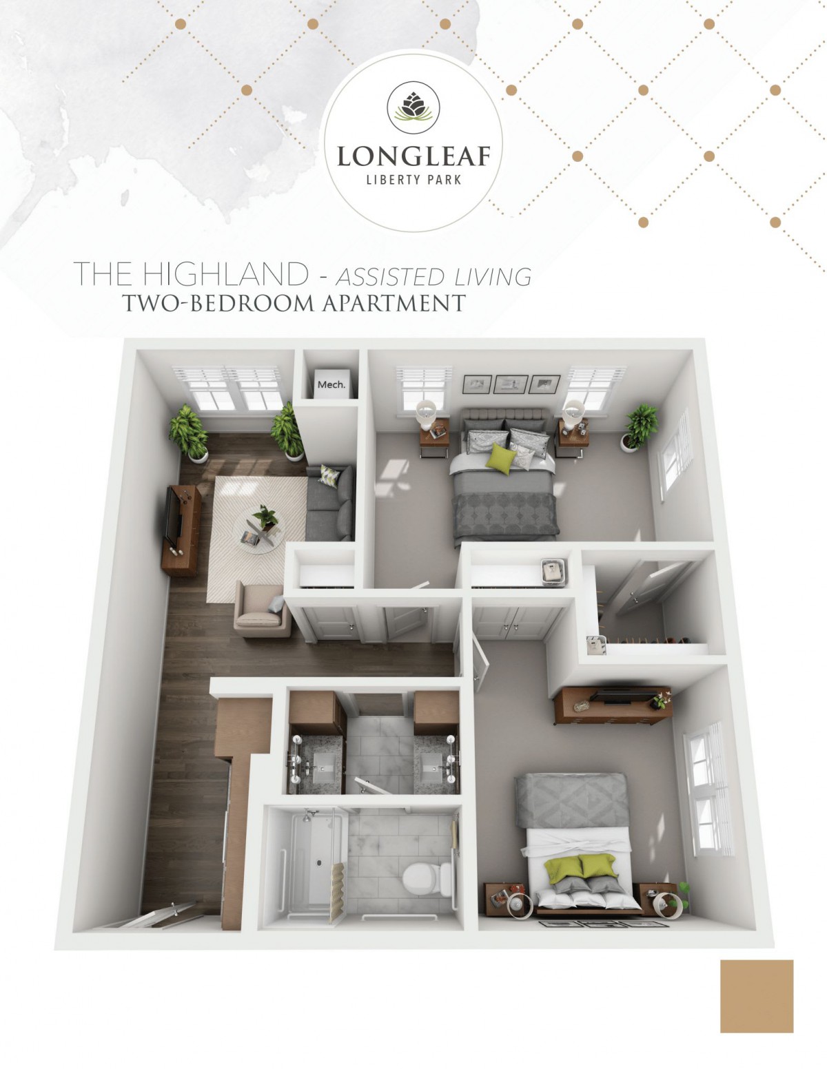 3D floor plan of a two-bedroom apartment with modern interior design.