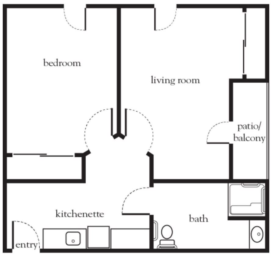 A simple floor plan showing an apartment layout with a kitchen, bathroom, bedroom, living room, and pantry/bedroom.