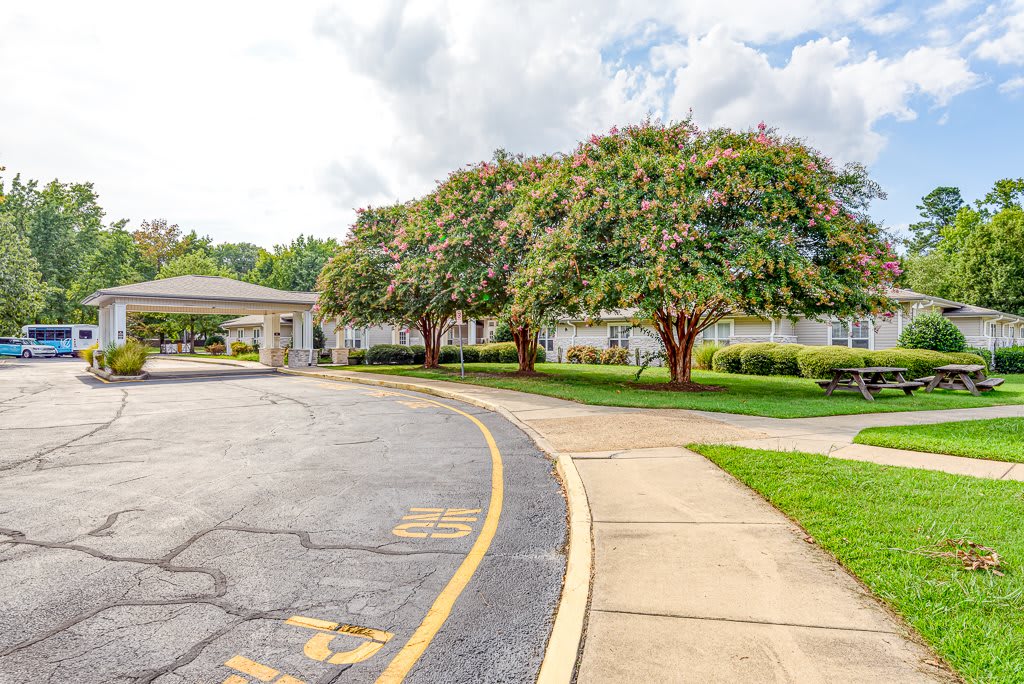 A curved driveway leading to a building entrance, lined with trees and under a cloudy sky.