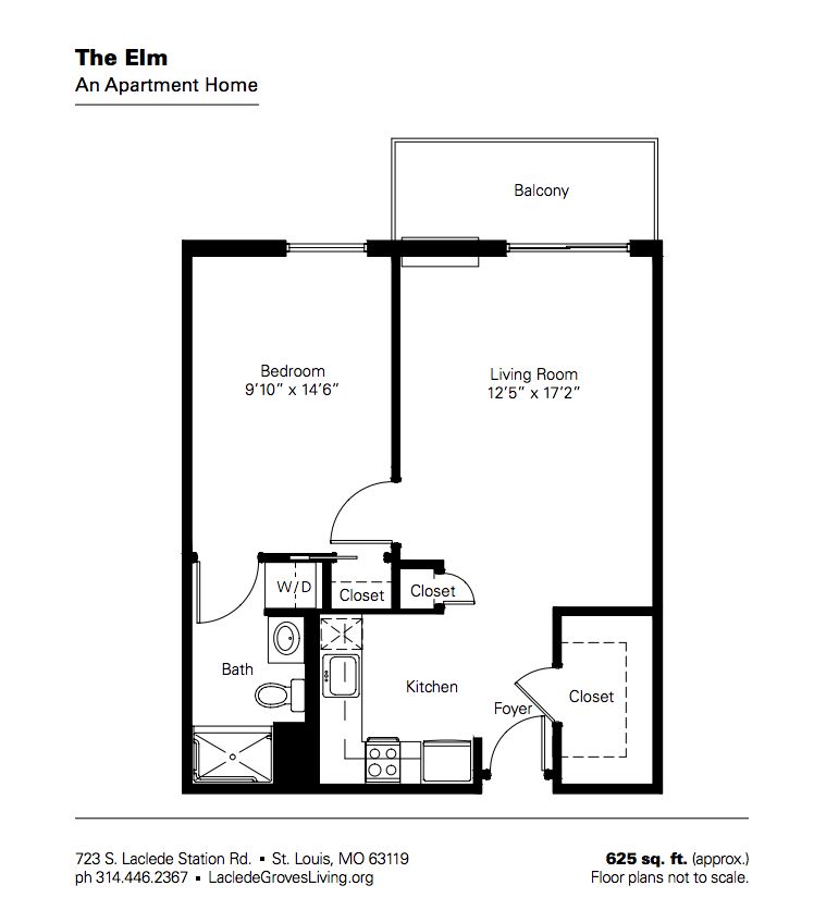 Floor plan of a one-bedroom apartment with a living room, kitchen, bathroom, and balcony.