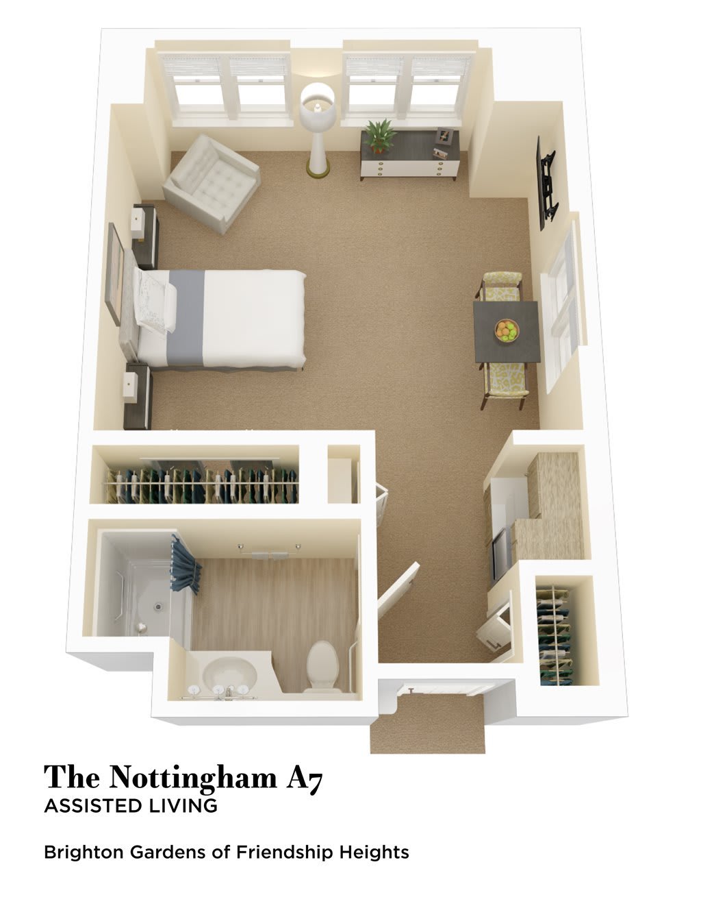 A 3D floor plan of a one-bedroom apartment called The Nottingham A2, showing the layout with furniture placement.