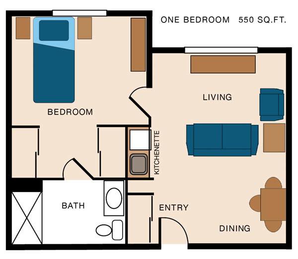 One-bedroom apartment floor plan with living, dining, and bathroom areas.