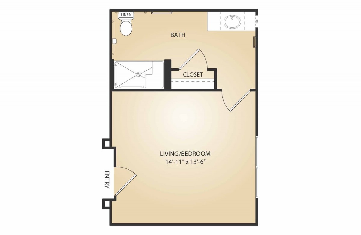 Studio apartment floor plan with a combined living room and bedroom, closet, and bathroom.
