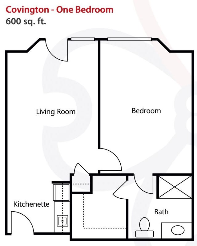 A floor plan of a one-bedroom apartment with a living room, kitchenette, and bathroom.