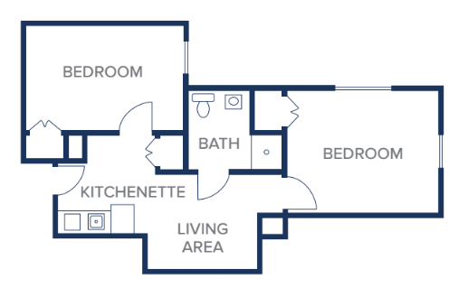 A 2-bedroom apartment floor plan featuring a kitchenette, bathroom, and living area.