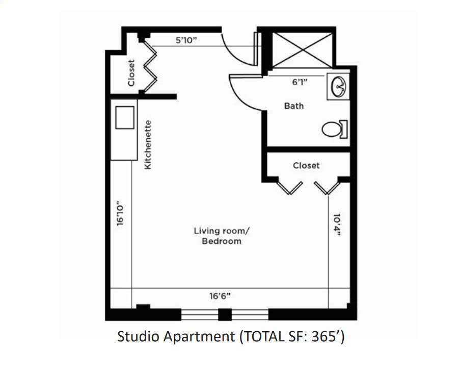 A floor plan of a studio apartment with a total area of 365 square feet.