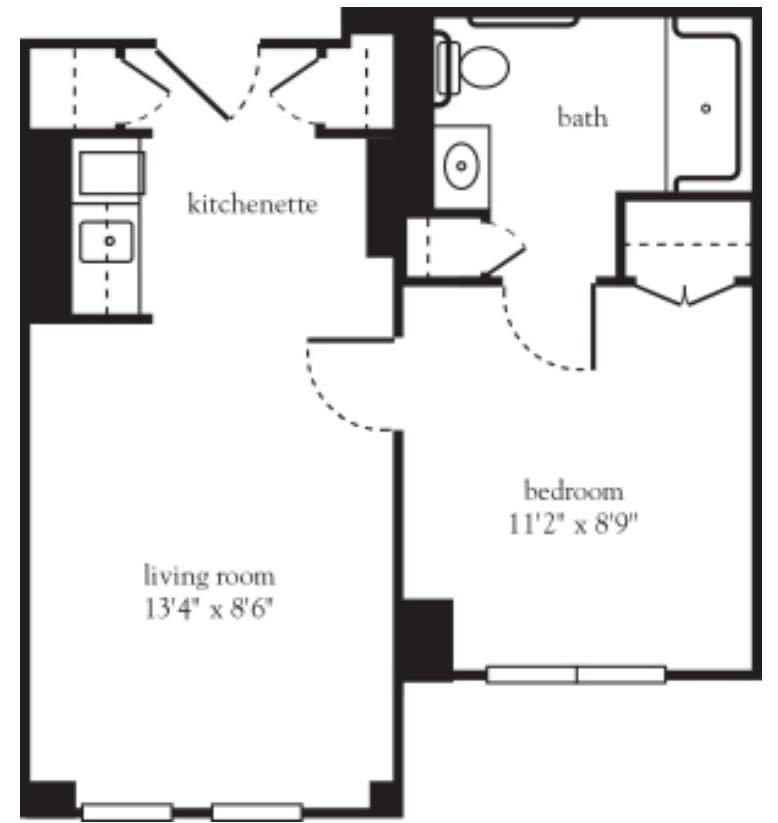 A floor plan of a small apartment featuring a living room, kitchenette, one bedroom, and bathroom.