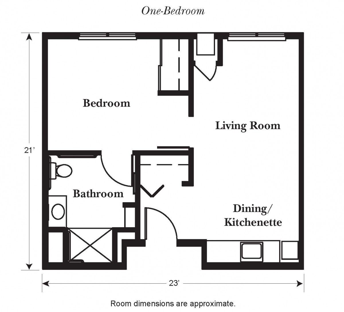 A one-bedroom apartment floor plan showing the layout of a living room, bedroom, bathroom, and dining/kitchenette area.