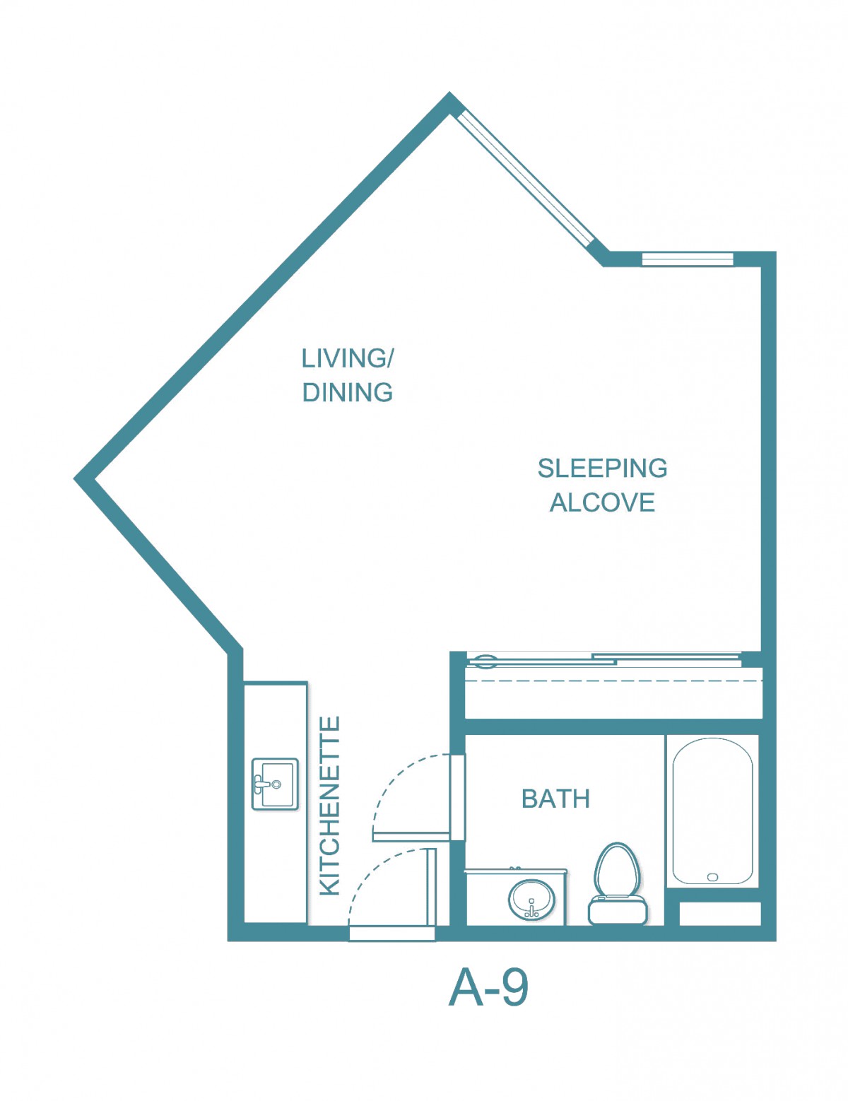 Studio apartment floor plan with a living/dining area, kitchenette, bathroom, and sleeping alcove.