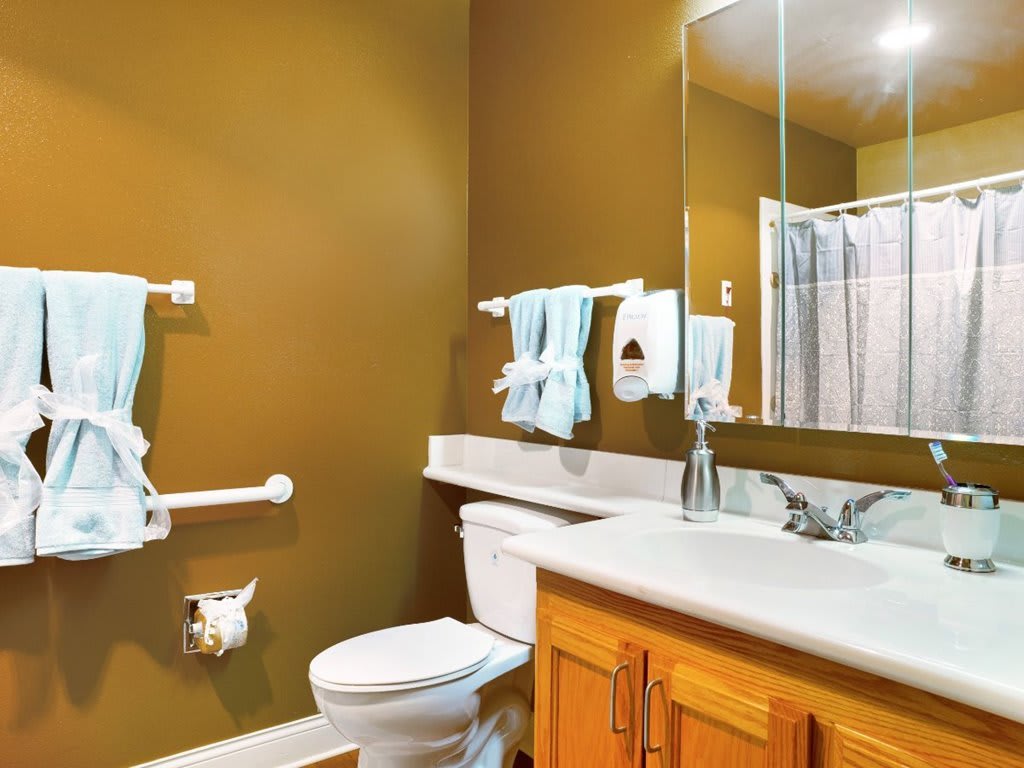A clean and modern bathroom with a mirror, sink, and handrails.