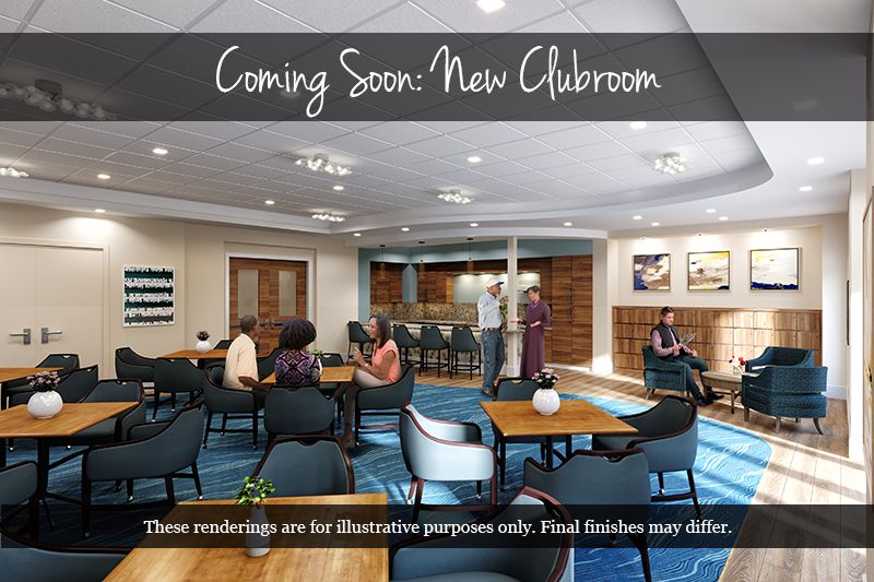 Illustrative rendering of a new clubroom showcasing a social and meeting space.