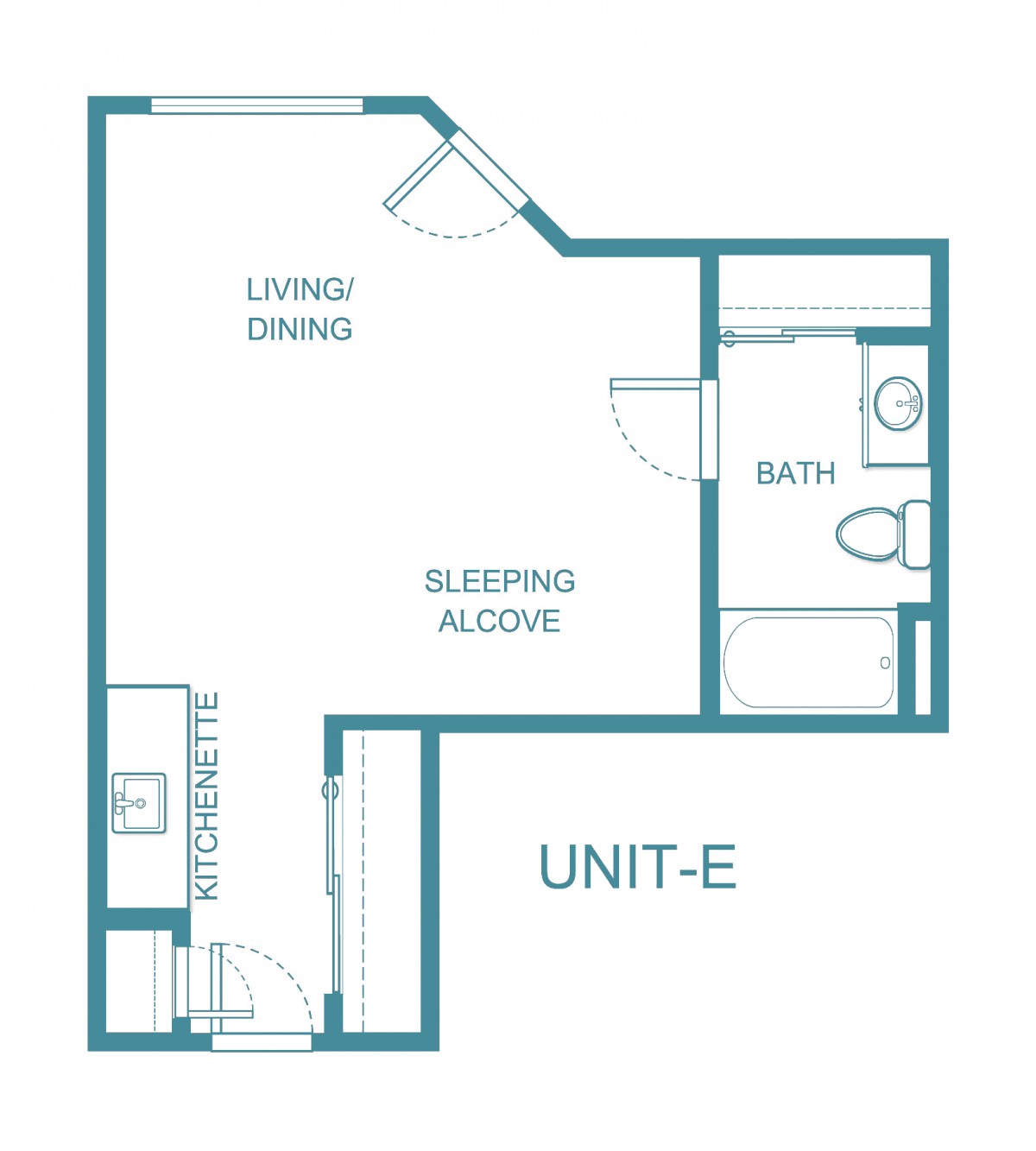 Unit-E floor plan featuring a living/dining area, sleeping alcove, kitchenette, and bathroom.