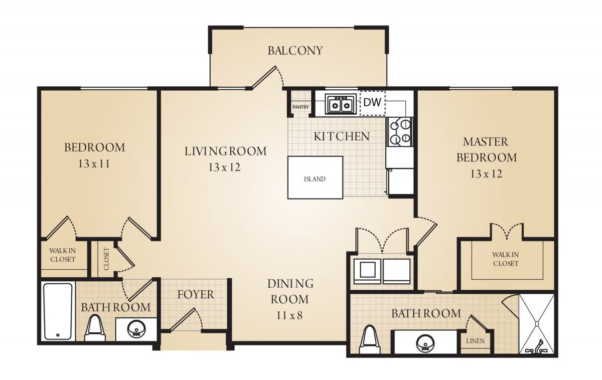 A detailed floor plan of a two-bedroom apartment featuring a kitchen, living room, dining area, and balcony.