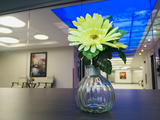 A vibrant yellow flower in a sleek glass vase, adding a touch of elegance to the modern interior.