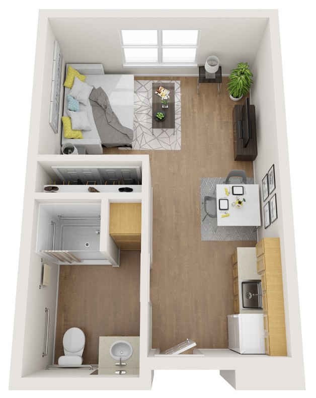 A bird's-eye view of a compact studio apartment layout with integrated living and sleeping areas.