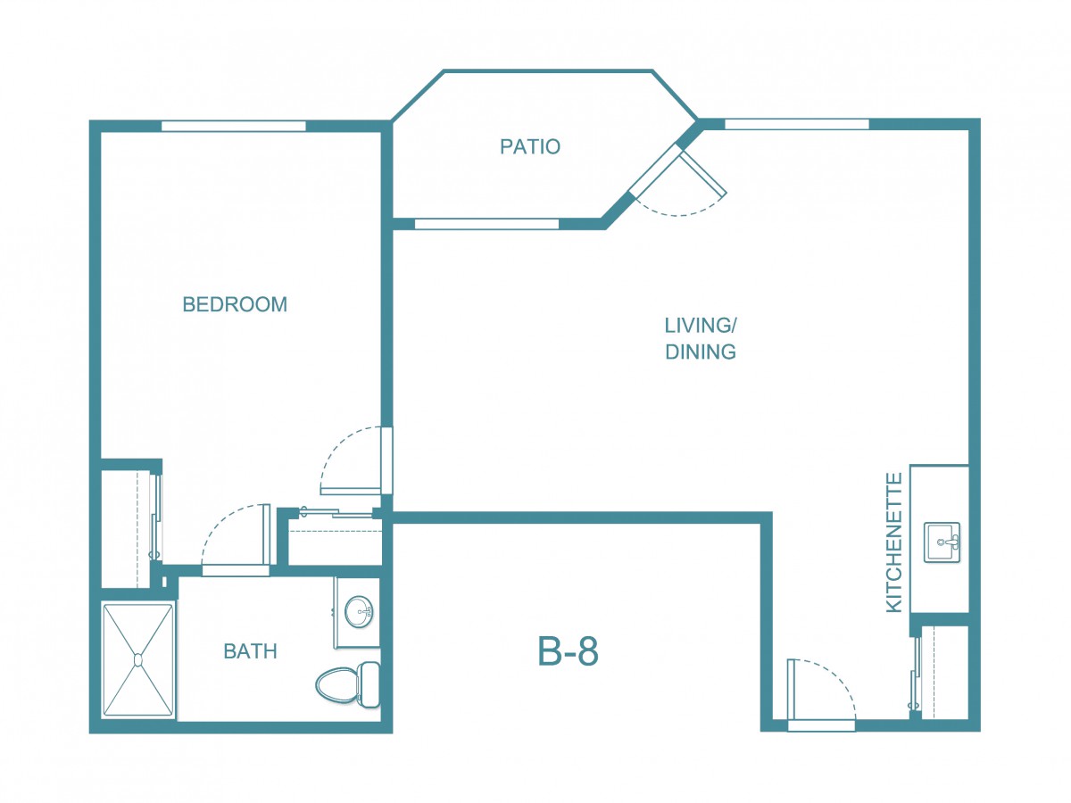 A floor plan of a one-bedroom apartment with a living/dining area, kitchen, bathroom, and patio.