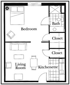 A floor plan showing a one-bedroom apartment with a living room, kitchenette, bathroom, and closets.