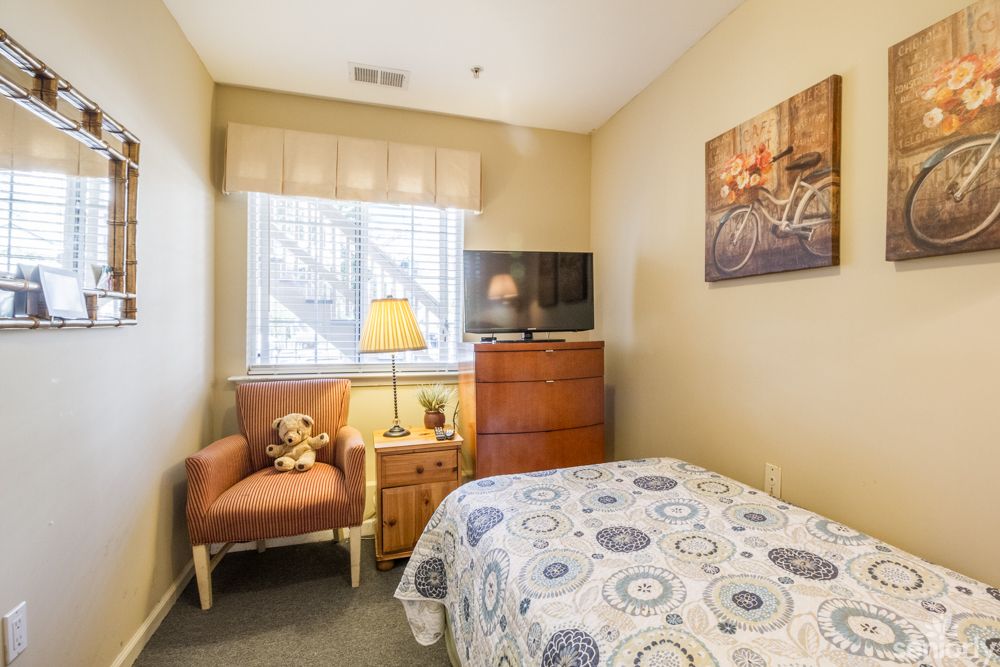 A cozy bedroom with a single bed, adorned with patterned bedding, a wooden chest of drawers, and a small television. A chair sits by the window, accompanied by a bedside lamp.