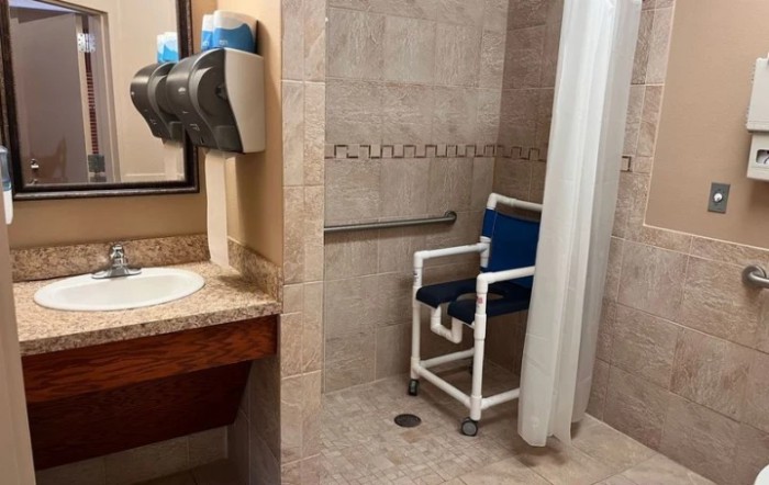 An accessible bathroom featuring a shower chair and grab bar.