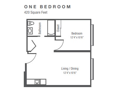 One-bedroom apartment floor plan with dimensions.