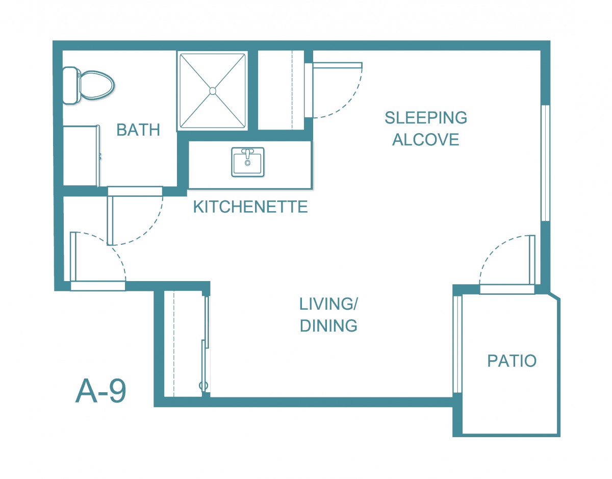 A floor plan of a studio apartment featuring a kitchenette, sleeping alcove, living/dining area, bath, and patio.