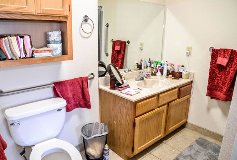A tidy bathroom with a sink, mirror, toilet, and various personal care items on the countertop.