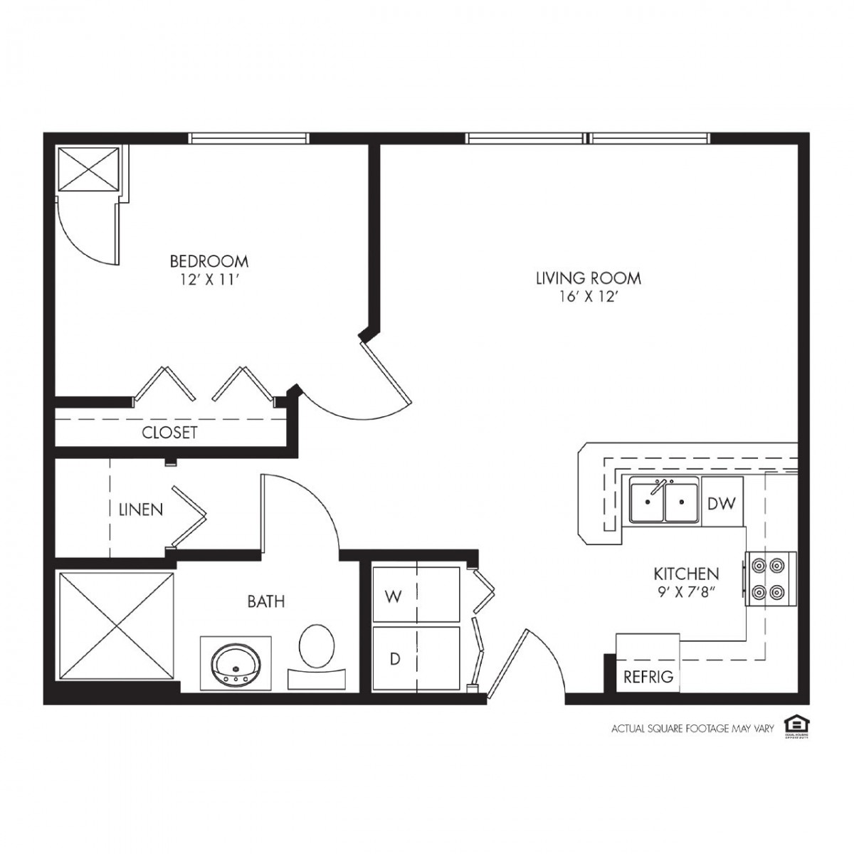 A simple one-bedroom apartment floor plan with an open kitchen and living area.