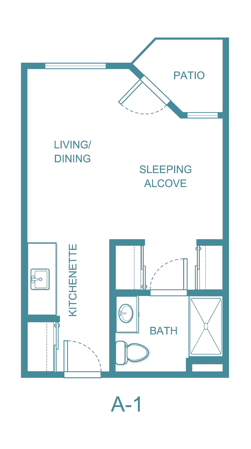 Floor plan of a studio apartment with a living/dining area, sleeping alcove, kitchenette, and bathroom.