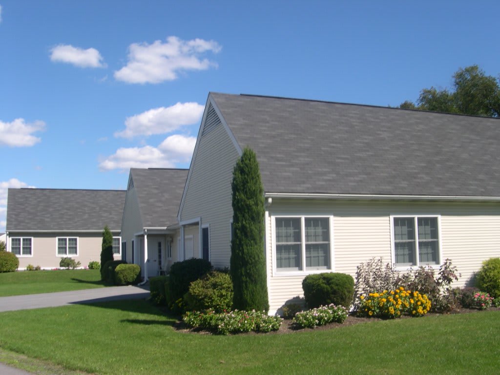 A row of suburban houses with well-maintained lawns and gardens under a clear blue sky.