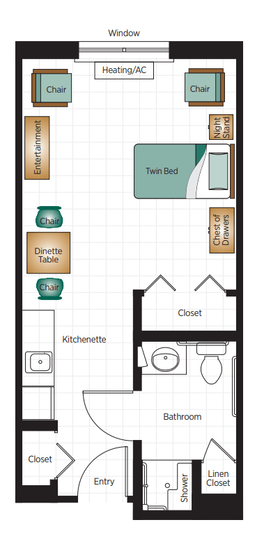 A floor plan of a studio apartment featuring a twin bed, kitchenette, closet, and bathroom.