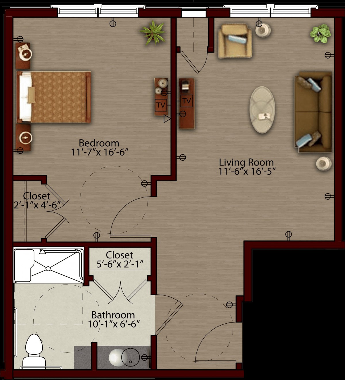 A floor plan of a one-bedroom apartment including a living room, bathroom, and closet.