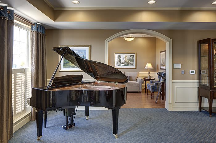 A beautifully designed living room featuring a grand piano.