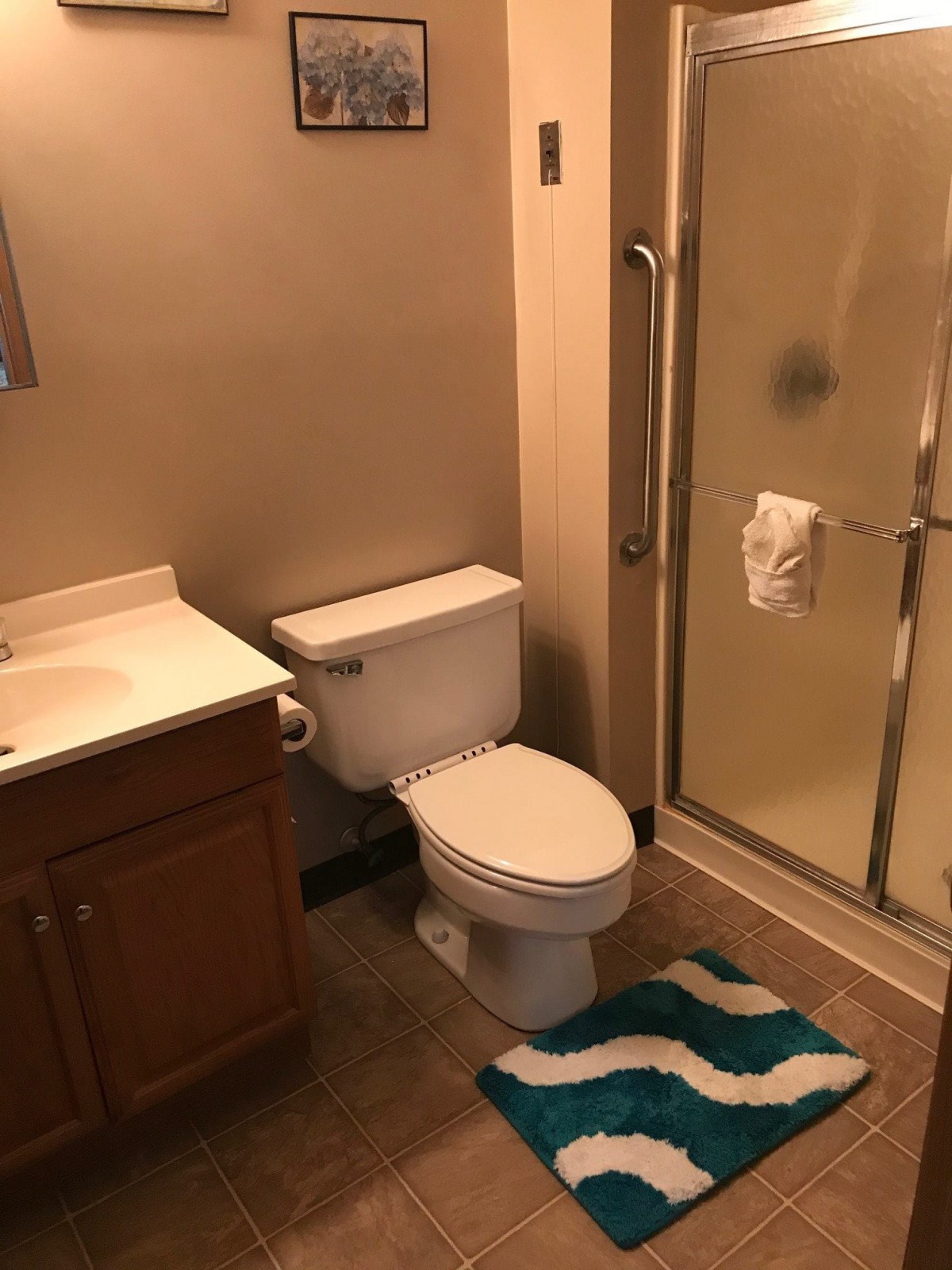 A clean bathroom with a shower, toilet, sink, and colorful rug.