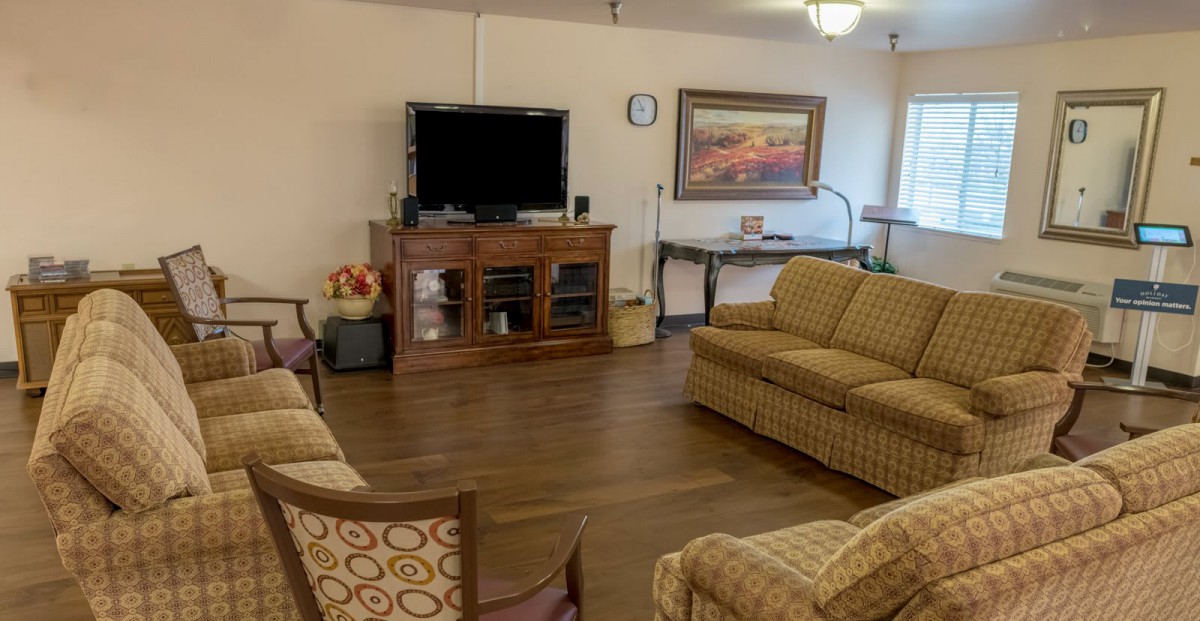 A cozy living room with a television, sofas, and artwork on the walls.