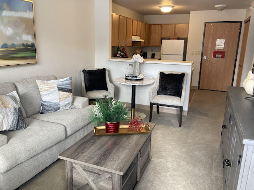 A stylish and modern living room area seamlessly connected to the kitchen.