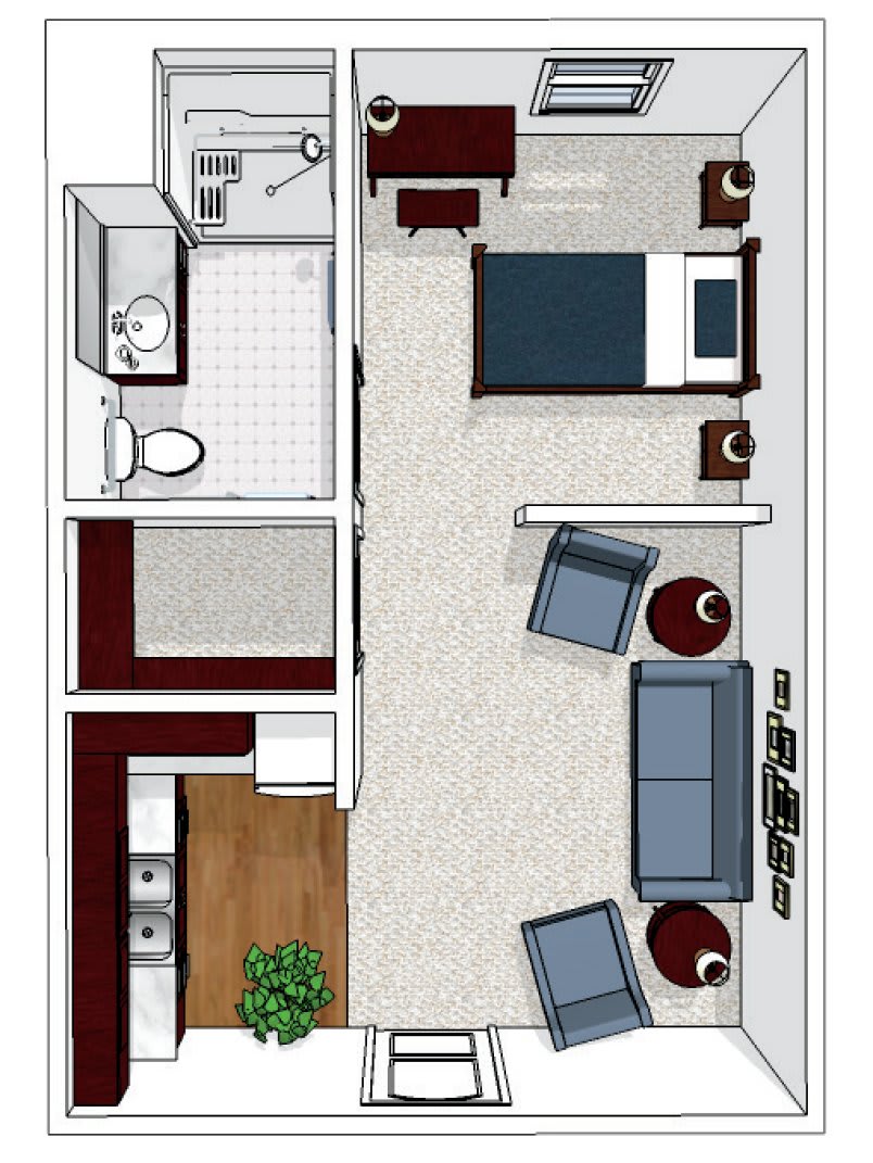 A one-bedroom apartment floor plan featuring a living room, kitchen, and bathroom.