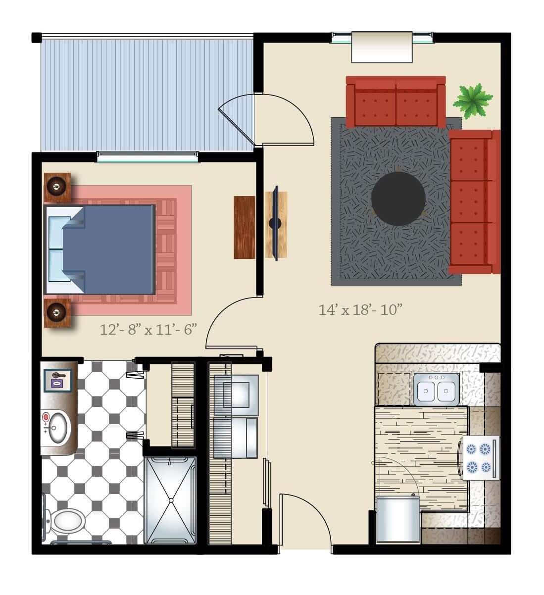 A floor plan of a one-bedroom apartment, featuring a living room, kitchen, and bathroom.