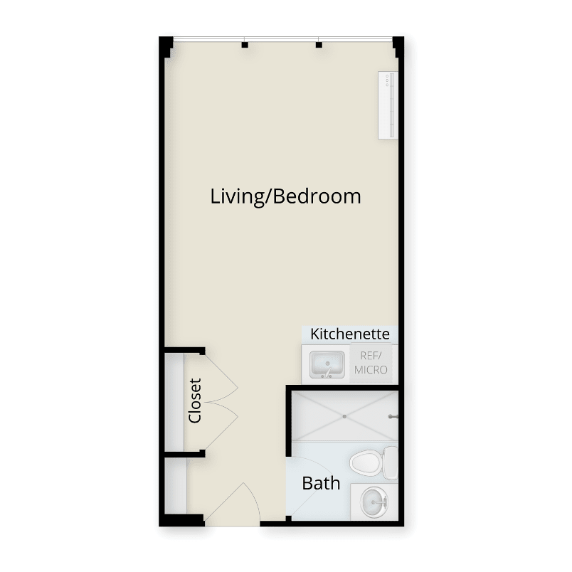A floor plan of a studio apartment featuring a combined living and bedroom area, kitchenette, closet, and bathroom.