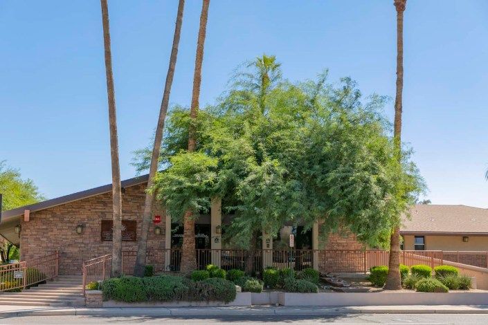 A suburban brick house surrounded by palm trees and greenery.