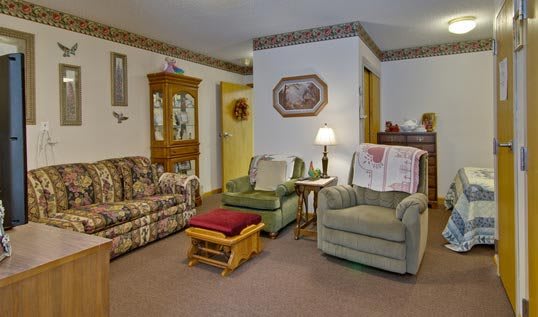 A cozy living room with vintage decor, featuring a sofa, armchair, and decorative elements.