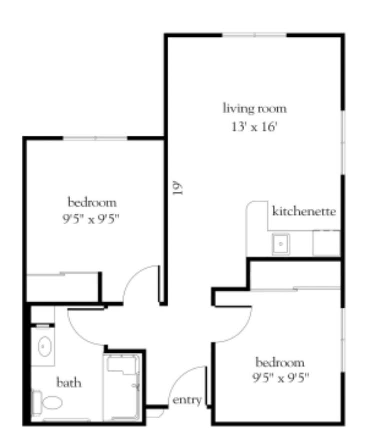 A floor plan showing the layout of an apartment with bedrooms, living room, kitchen area, and bathroom.