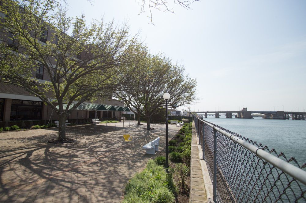 A scenic view of a park along the riverbank, featuring a pathway, benches, and trees with a bridge visible in the background.